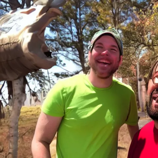 Prompt: a selfie of a guy smiling while standing next to a horrifying thing