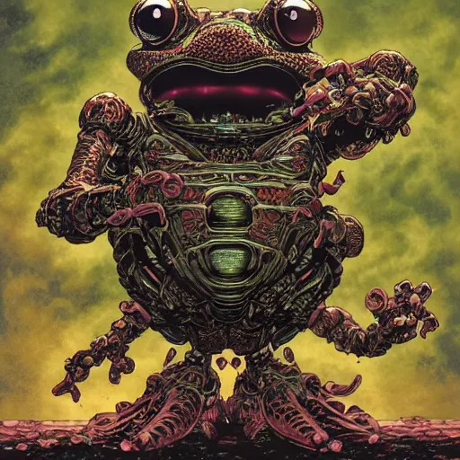 Image similar to dark robotic frog, by yoichi hatakenaka, masamune shirow, josan gonzales and dan mumford, ayami kojima, takato yamamoto, barclay shaw, karol bak