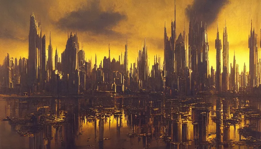 Image similar to city of golden shadows, intricate detailed painting, cityscape, john harris, reflective lighting