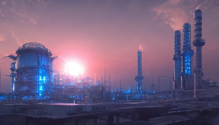 Prompt: combined cycle futuristic powerplant, blue led lights, sunrise, hyperdetailed, artstation, cgsociety, 8 k