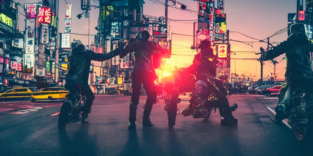 Image similar to Epic Battle Between a Squid Karate God and a Menacing prawn biker in a leather jacket, tokyo skyline, sunset, neon vibe, cyberpunk lighting, cinematic lighting, anamorphic lens, dramatic shadows,