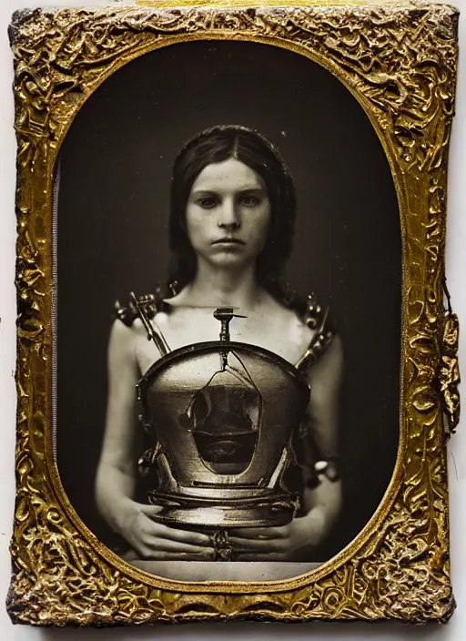 Prompt: old wetplate daguerreotype portrait of birth of lady justice cyborg, explosion of data fragments, fractal, intricate, elegant, highly detailed, parallax, leica, medium format, subsurface scattering, portrait, elegant, highly detailed, matte painting, by stanley spencer