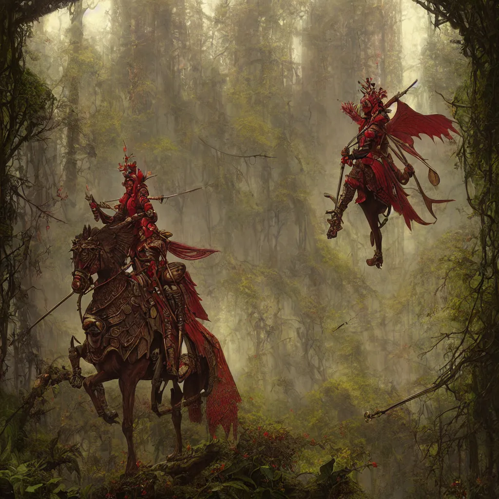 Image similar to fantasy male knight red plume, center focused, matte painting, lush fairy forest, neon, concept art, schematics, gnarly details painted by tom bagshaw, norman rockwell, mucha, james gurney, high detail, denoised, sharp, architectural
