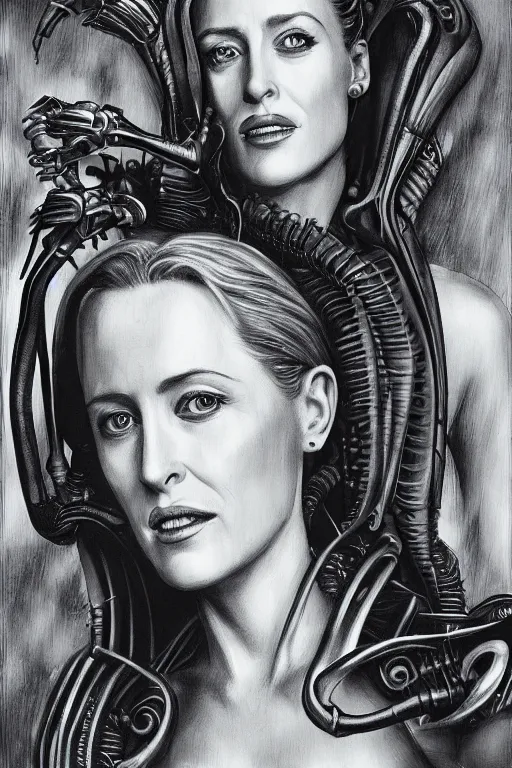 Image similar to portrait of a beautiful young gillian anderson with alien xenomorph queen by h.r. giger, detailed, proportional, trending on art station, 4k