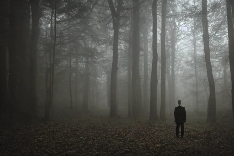 Image similar to a cinematic headshot portrait of a skinny evil male scientist, stood in a spooky forest, fog, shrubbery, 8 k, detailed, backlight, deep focus, movie still, moody lighting, by werner herzog