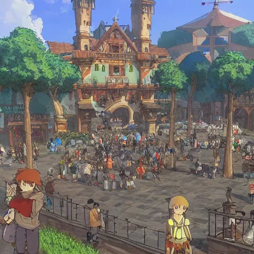 Prompt: medieval town square full with people by miyazaki nausicaa ghibli, breath of the wild style, epic composition