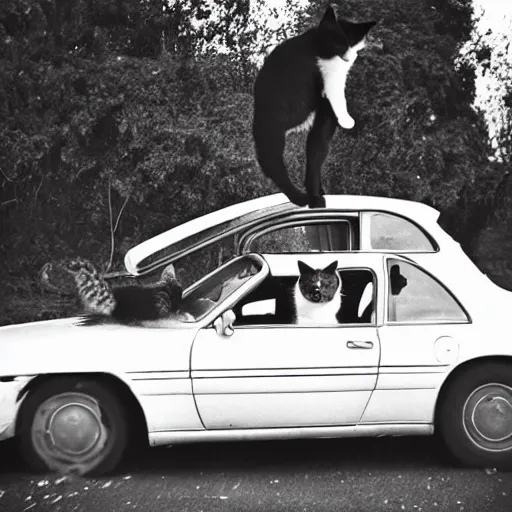 Prompt: a cat lifting a car. Photography.