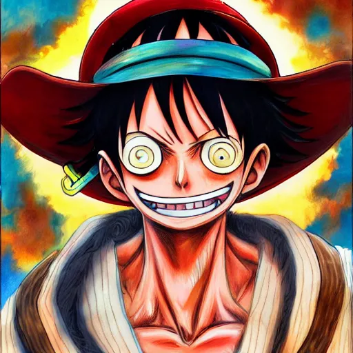 Prompt: A beautiful portrait painting of Monkey D Luffy, hyper detailed manga drawing, trending on artstation cgsociety, vibrant colors by Eiichiro Oda.