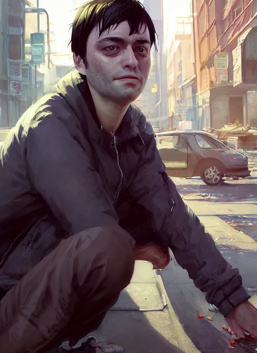 Image similar to Highly detailed full-body portrait of homeless and beaten up Martin Shkreli, in GTA V, Stephen Bliss, unreal engine, fantasy art by Greg Rutkowski, Loish, Rhads, Makoto Shinkai and Lois van baarle, ilya kuvshinov, rossdraws, Tom Bagshaw, global illumination, radiant light, detailed and intricate environment