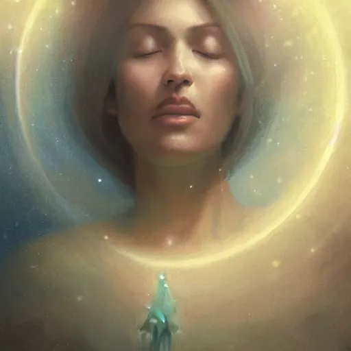 Prompt: A woman holding!!!!! Earth!!!!! in her eloquently gentle palms while she solemnly meditates about what to do next in the creation of the universe, illustrated by Greg Rutkowski and Gaston Bussiere, vividly radiantly beautiful lighting, closeup!!!!!, portrait imagery!!!!!, dazzling dappled lighting, subsurface scattering, light refractions, trending on artstation, 4k, 8k!!!!!