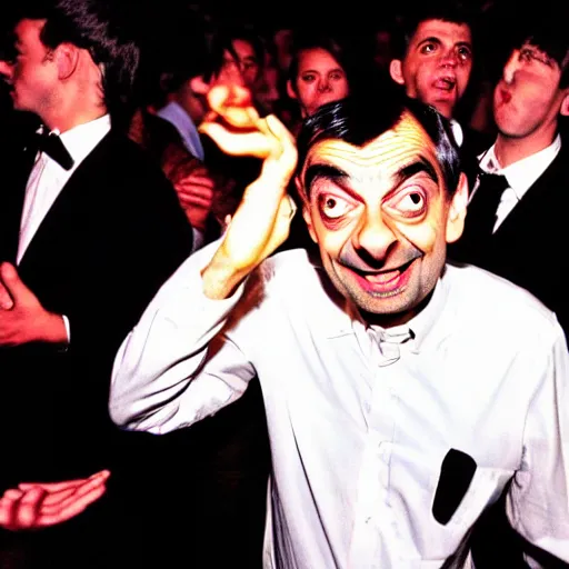 Prompt: mr. bean on a rave, club photography