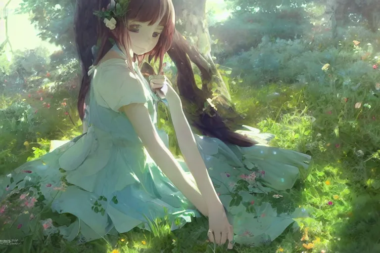 Image similar to a depressed digital art, loli in dress, garden, green and warm theme, blue accents, back lighting, highly detailed, 4 k resolution, trending on art station, by krenz cushart and mucha and akihito yoshida and greg rutkowski and makoto shinkai