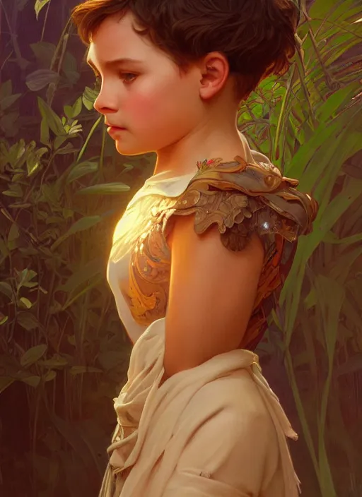 Image similar to perfectly - kid staring from behind, intricate, highly detailed, digital painting, artstation, concept art, smooth, sharp focus, illustration, unreal engine 5, 8 k, art by artgerm and greg rutkowski and alphonse mucha