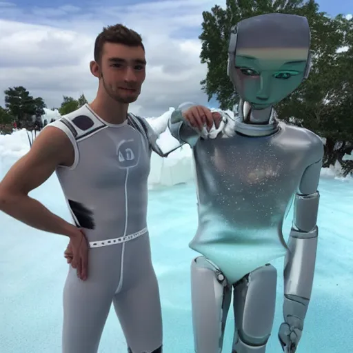 Image similar to made of ice, a realistic detailed photo of a guy who is an attractive humanoid who is half robot and half humanoid, who is a male android, on display, blank stare, showing off his muscles, shiny skin, posing like a statue, by the pool, frozen ice statue, f 1 driver pierre gasly, humanoid robot