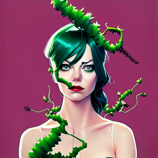 Prompt: joshua middleton, phil noto, artgerm, emma stone poison ivy, vines, symmetrical eyes, city rooftop