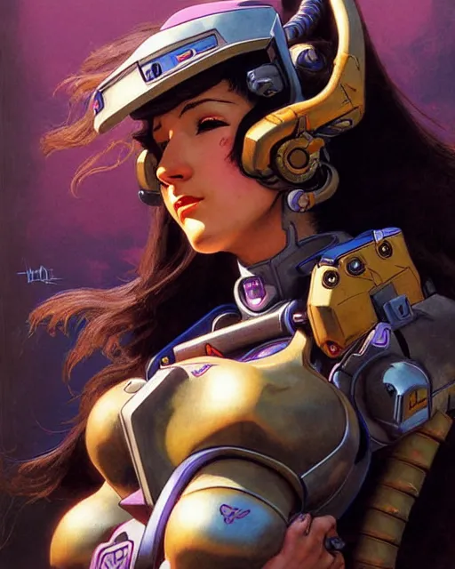 Image similar to d. va from overwatch, heavey metal magazine cover, character portrait, portrait, close up, concept art, intricate details, highly detailed, in the style of frank frazetta, esteban maroto, richard corben, pepe moreno, matt howarth, stefano tamburini, tanino liberatore, luis royo and alex ebel