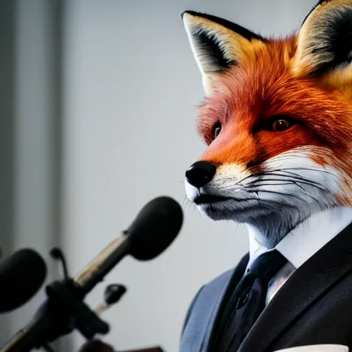 Image similar to a fox animal dressed in a suit giving a presidential speech, 8 5 mm f / 1. 4