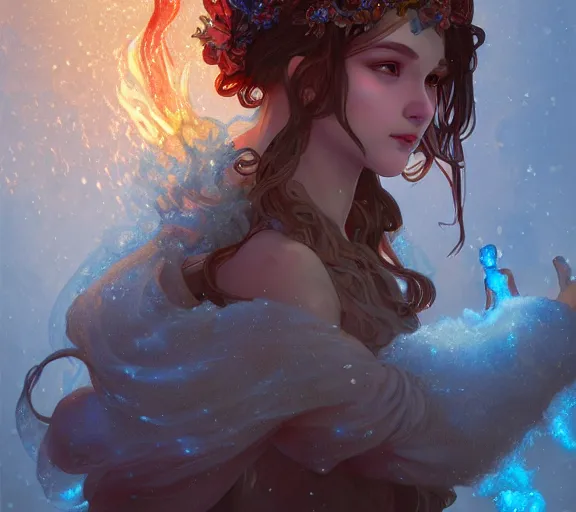 Prompt: beautiful ancient! frost witch, fire in eye, snow glow, pool party, highly detailed, digital painting, artstation, sharp focus, illustration, art by tan zi and ayanamikodon and alphonse mucha and wlop