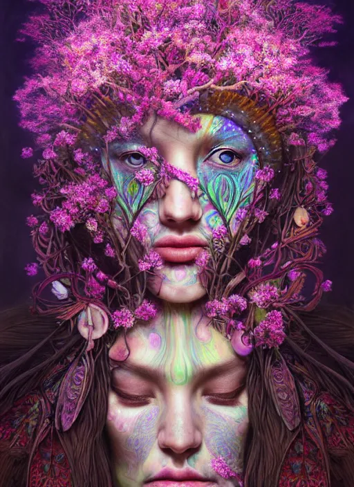 Prompt: psychedelic organic shaman, made of orchids and cherry blossom trees and seashells, diffuse lighting, fantasy, intricate, subconscious, highly detailed, photorealistic, digital painting, artstation, beautiful woman, concept art, smooth, sharp focus, by john collier and albert aublet, by amanda sage