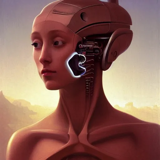 Image similar to A young beautiful female extraterrestrial-cyborg face with a very long neck, big clear eyes, thin nose, big lips, hair floating in the wind:: alien is from the future, Realistic, Refined, Detailed Digital Art, Oil Painting, William-Adolphe Bouguereau, Pre-Raphaelite,Renaissance, Highly Detailed, Cinematic Lighting, Unreal Engine, 8K