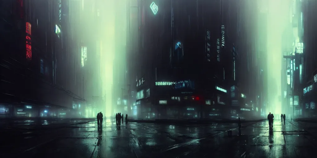 Prompt: beautiful painting by jeremy mann, cyberpunk street, still from blade runner movie, desaturated, oil painting, perfect composition, detailed octane render trending on artstation, misty, volumetric fog, ominous, unsettling, 8 k artistic photography, volumetric cinematic perfect light