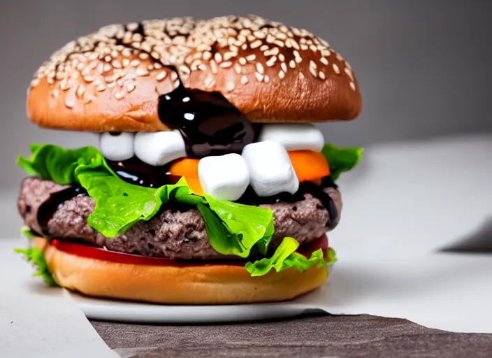 Image similar to dslr food photograph of burger with a layer of marshmallows in it, chocolate sauce, 8 5 mm f 1. 8