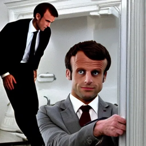 Prompt: Macron in American Psycho toilet scene (1999)