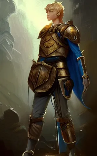 Image similar to a rugged young knight with blonde hair and blue eyes and a short beard wearing a blue shirt over chain mail and steel pauldrons and a yellow cape and leather boots concept art by Tony Sart and Greg Rutkowski, realistic, highly detailed, masterpiece, ArtStation