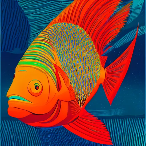 Prompt: one stylized fish with saturated colors viewed in profile in the dark ocean filled with complex sparkles and patterns, artstation, intricate, realistic, highly detailed, digital painting, concept art, sharp focus, low poly, illustration by tom whalen and charles williams and kilian eng and james jean