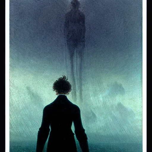 Image similar to small male with long curly hair figure in epic foggy deep sea, expansive view, dozens of thin glowing straight lines extend from ground into the sky, by Caspar David friedrich