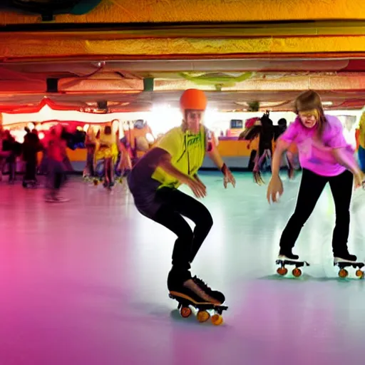 Image similar to people roller skating in a dimly lit roller rink made of cheese