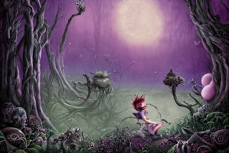 Prompt: Alice meets the Cheshire Cat in the forest, biomechanoid, sci-fi, dramatic, art style Megan Duncanson and Benjamin Lacombe, super details, dark dull colors, ornate background, mysterious, eerie, sinister