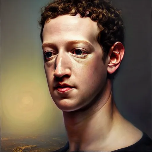 Image similar to highly detailed oil painting | very intricate | cinematic lighting | award - winning | portrait of cyborg mark zuckerberg | by roberto ferri, by tom bagshaw, by j. c. leyendecker and klimt, american romanticism, by austin osman spare, artstation, cgsociety, official art, octane