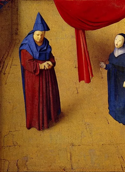 Prompt: red cloth of the floor, medieval painting by jan van eyck, johannes vermeer, florence