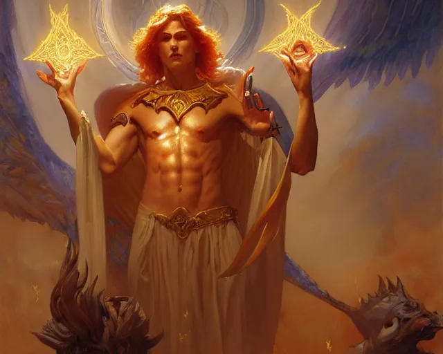 Image similar to attractive male deity, casting demonic magic, summoning handsome lucifer morning star. highly detailed painting by gaston bussiere, craig mullins, j. c. leyendecker 8 k