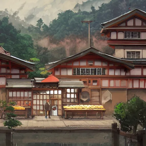 Image similar to concept art painting of an english european bakery building with japanese architecture, in a mountain village, cozy, realistic, detailed, cel shaded, in the style of makoto shinkai and greg rutkowski and james gurney