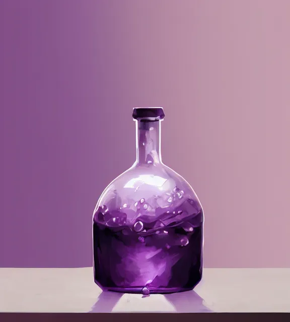 Image similar to a closeup of a purple potion in a round bottle on a messy desk. by makoto shinkai, stanley artgerm lau, wlop, rossdraws, james jean, andrei riabovitchev, marc simonetti, krenz cushart, sakimichan, d & d trending on artstation, digital art