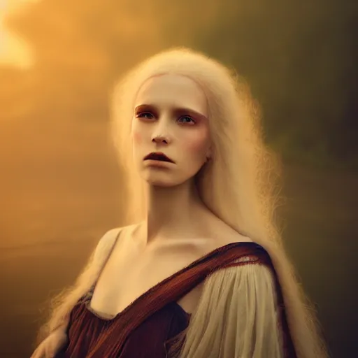 Image similar to photographic portrait of a stunningly beautiful english sorceress renaissance female in soft dreamy light at sunset, beside the river, soft focus, contemporary fashion shoot, in a denis villeneuve and tim burton movie, by edward robert hughes, annie leibovitz and steve mccurry, david lazar, jimmy nelsson, extremely detailed, breathtaking, hyperrealistic, perfect face, octane render