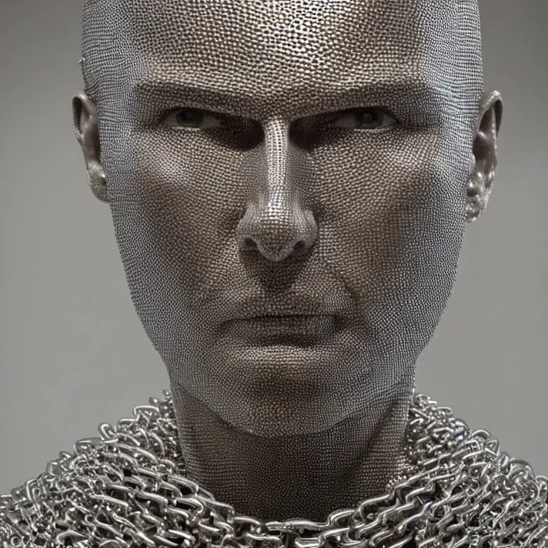 Prompt: studio photograph of hyperrealistic accurate portrait sculpture of tom cruise, beautiful symmetrical!! face accurate face detailed face realistic proportions, made of chain mail and plate armor on a pedestal by ron mueck and frank frazzetta, hyperrealism cinematic lighting shocking detail 8 k