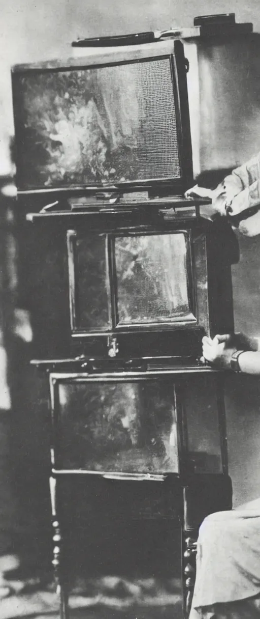 Image similar to 1 9 0 0 s photo of a person watching a flat screen hd tv