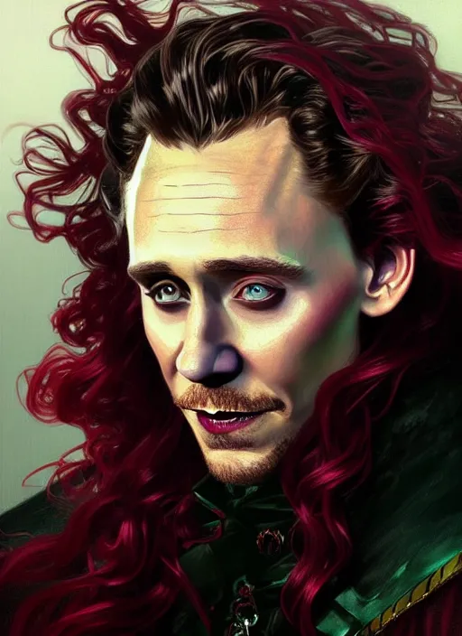 Image similar to portrait of tom hiddleston as a vampire lord, crimson peek, jewelry, greek, emerald, intricate, headshot, highly detailed, digital painting, artstation, concept art, sharp focus, cinematic lighting, illustration, art by artgerm and greg rutkowski, alphonse mucha, cgsociety