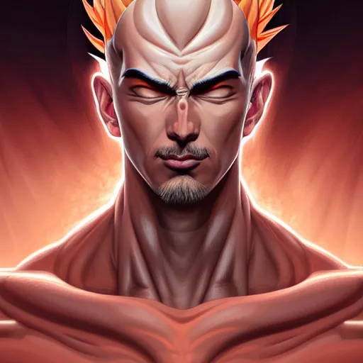 Image similar to symmetry!! intense portrait of sangoku ssj, intricate, elegant, highly detailed, my rendition, digital painting, artstation, concept art, smooth, sharp focus, illustration, art by artgerm and greg rutkowski and alphonse mucha