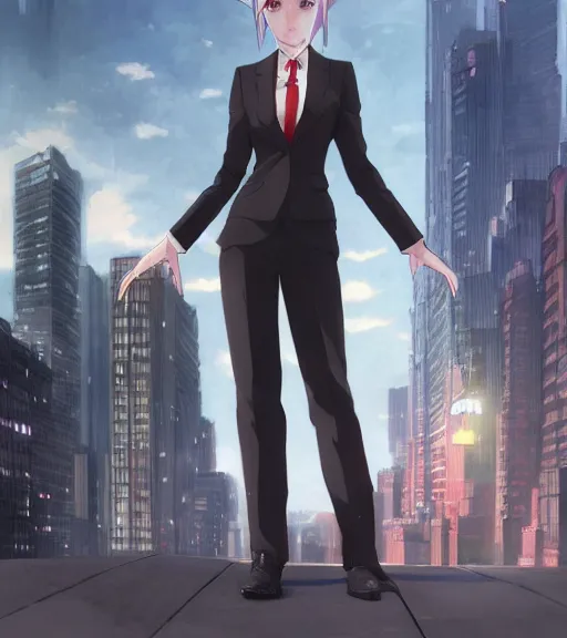 Image similar to a girl in a business suit, close up, sharp focus, red necktie, grey hair, serious expression, full body shot, pixiv, city background, digital painting, by tran ross and jordan grimmer and greg rutkowski, anime art, artstation, hd, smooth,