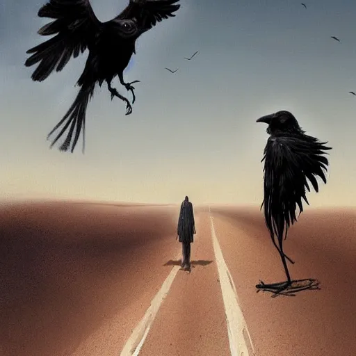 Image similar to Man with long black hair is followed by crows in the desert | front view man | crows in the background | painting by Greg Rutkowski