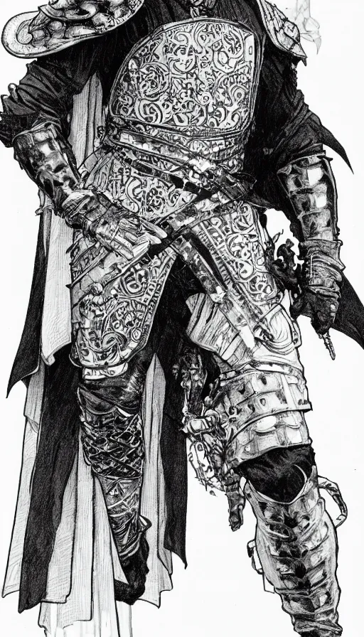 Image similar to a black and white ink fine ink drawing of a thief, from of thrones, in leather armor, fibonacci, sweat drops, intricate fashion clothing, concept art, smooth, sharp focus, illustration, art by alphonse mucha and travis charest