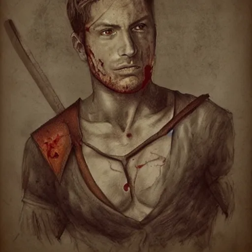 Image similar to self portrait, handsome man with battle scar on his chest holding his sword on his shoulder, pencil art, detailed, handsome, colored, bloody