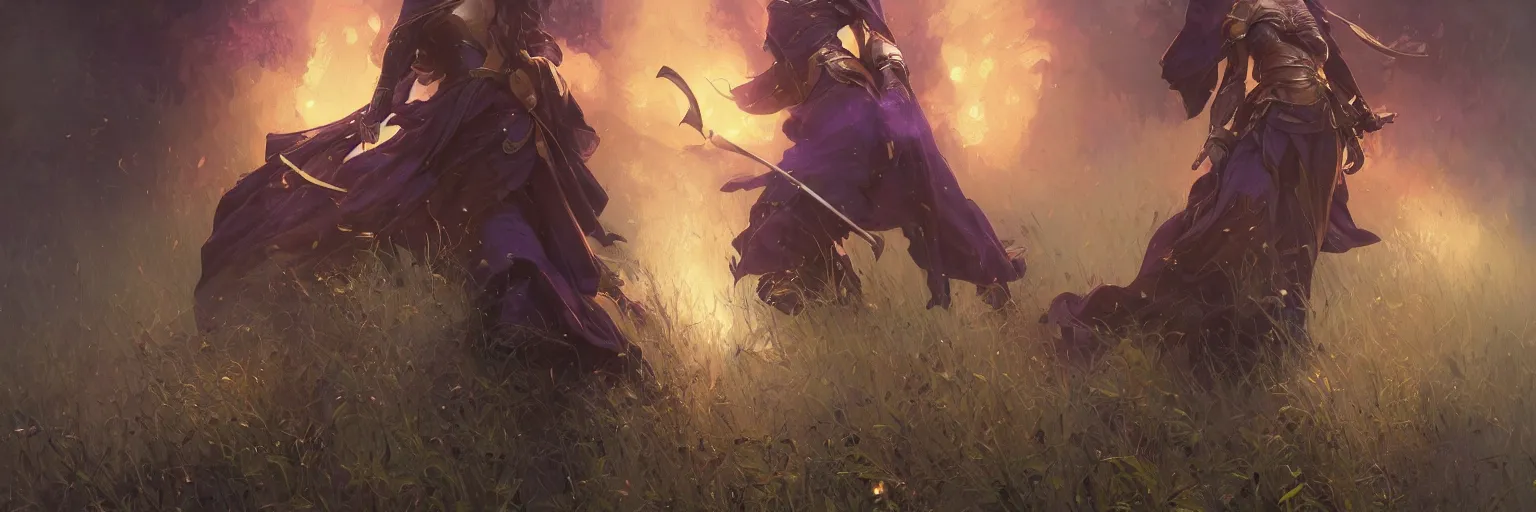 Image similar to cinematic portrait of dark purple smoke, golden light, shield and sword, mossy ground, highly detailed, digital painting, artstation, concept art, smooth, sharp focus, illustration, art by artgerm and greg rutkowski and alphonse mucha