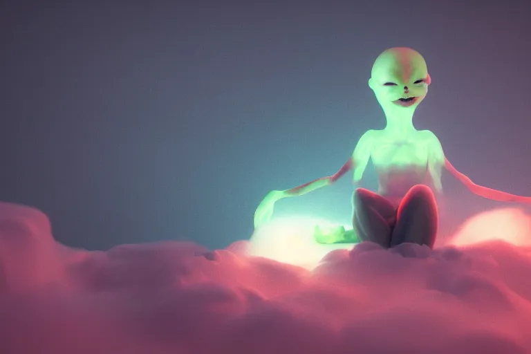 Image similar to a cute alien girl sitting on a cloud relaxing, misty, glows, blender render, hazy, foggy, red lighting, ambient lighting, 8 k,