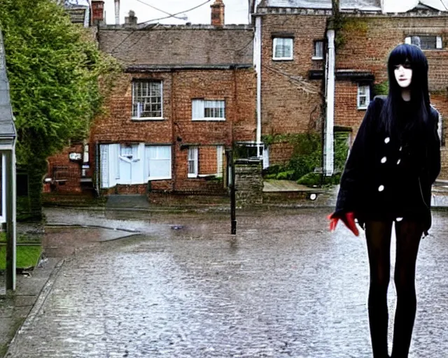 Prompt: poor quality digital photo of an emo girl, black hair, sunny day after rain, british street, 2 0 0 7