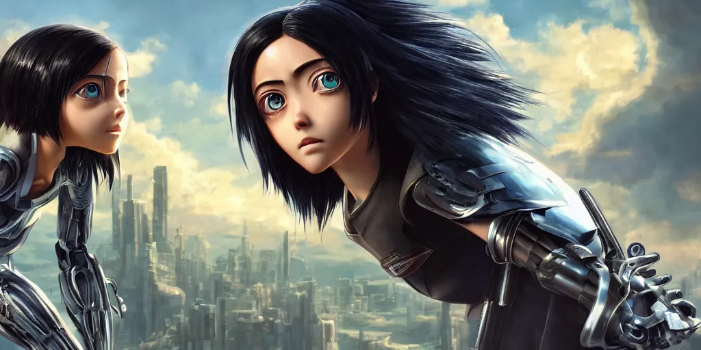 Image similar to alita battle angel, photorealistic, magical atmosphere, gthl. art, makoto shinkai, genshin impact, studio ghibli. trending on artstation. award winning digital artwork award